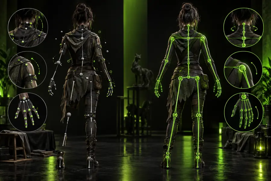 Character mesh shown with a fitted rigging workflow