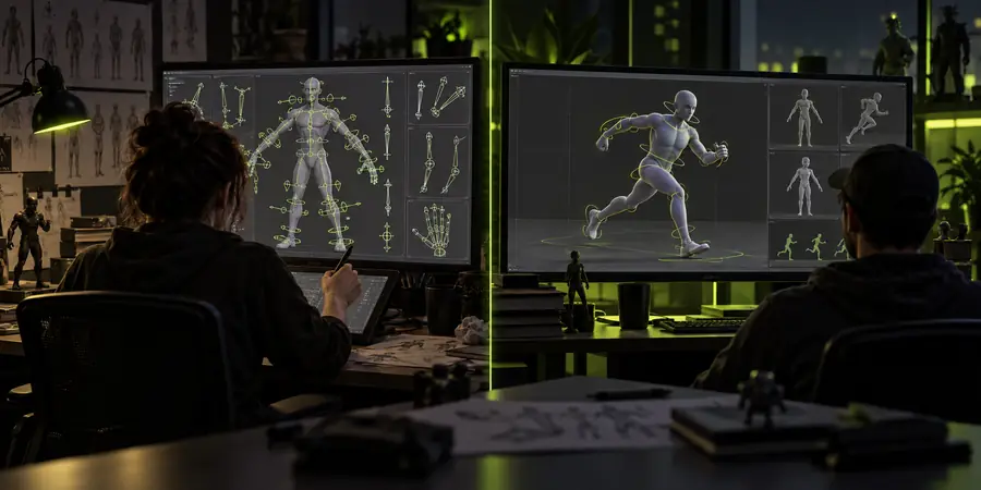 Character shown in a rigging workspace after skeleton and deformation preparation