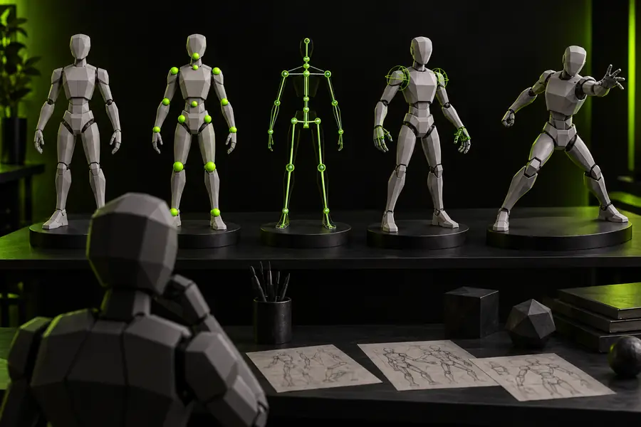 Advanced character rigging workspace with a prepared rig