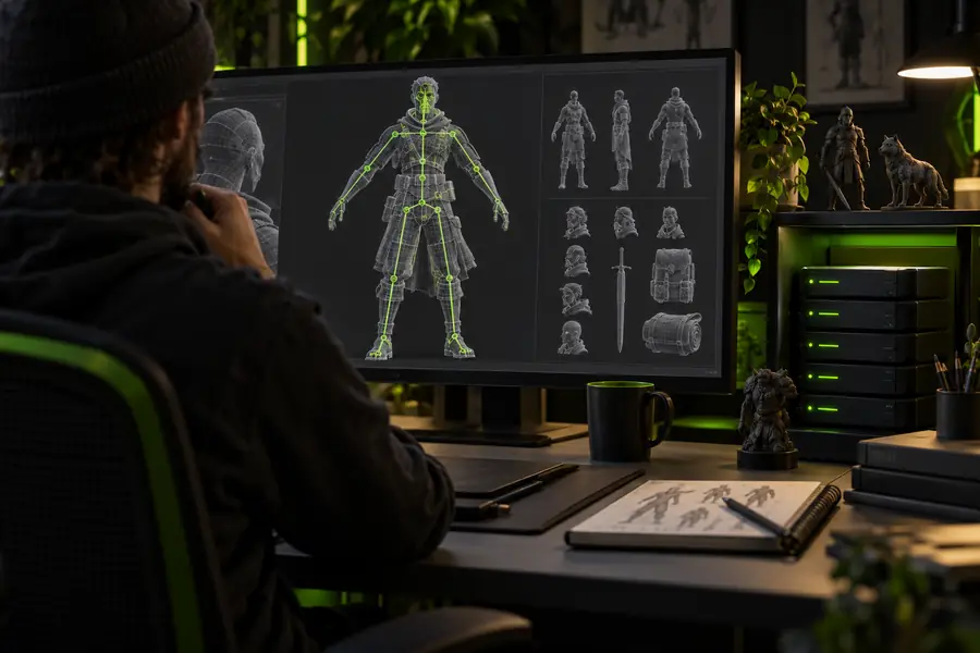 Character asset shown as a rigging workflow result