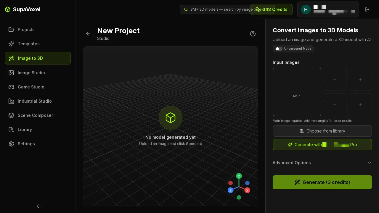 the 3D generator's studio before anything is uploaded: the price is already printed on the button — Generate (3 credits) — and there are five reference image slots, one Main plus four extra angles.