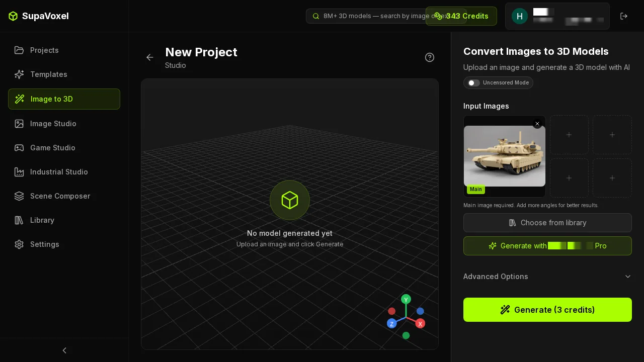 the 3D generator's studio after upload. Same button, same three credits. The number did not move because there was never a number to reveal.