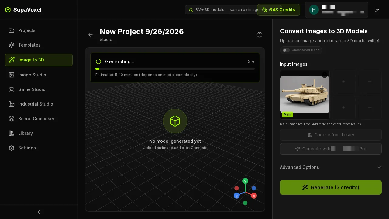 the 3D generator generating, same step. A numeric progress bar, "Estimated: 5-10 minutes", and nothing on top of the viewport — no promo strip, no overlay, no tutorial layer.
